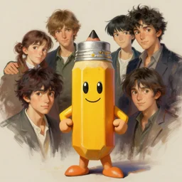 a pencil eraser mascot character posing for a picture, digital painting, masterpiece by rembrandt and thomas kinkade and frank frazetta and kentaro miura, by reiq and tite kubo, stylized yet realistic faces and anatomy, advanced lighting technology, beautiful, gorgeous brush strokes