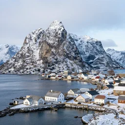 the landscape of a beautiful coastal village with mountains in the background, in winter, award-winning photography