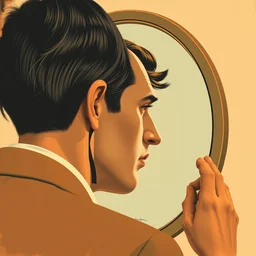 full portrait of a man looking at face in mirror, by dean ellis and jack gaughan, limited neutral palette, by pascal campion, petros afshar, anton fadeev, dean ellis, randolph stanley hewton, beautiful graphic, propaganda poster art 1 9 7 0 s illustrated advertising art, painterly design