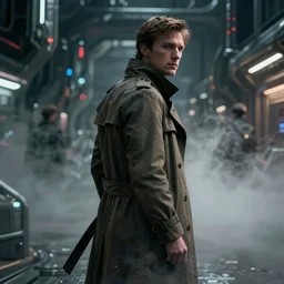 Movie poster, cyberpunk, futuristic, technology, detective in trench coat looking away from the camera, cinematic lighting, depth of field, highly detailed, volumetric fog, dark, moody, gritty