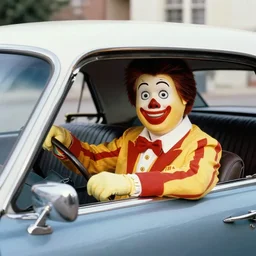 vintage mcdonald's commercial depicting ronald mcdonald in kennedy's car at the jfk assassination, in dallas, by zapruder, by saul leiter, by norman rockwell
