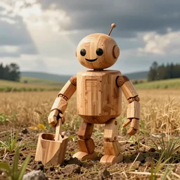 An happy android made out of wood working in the fields