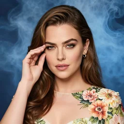 sophisticated portrait of Mila Kunis lifting one eyebrow, flower power, thick blue smoke background, elegance, highly detailed, shallow depth of field, concept art, Artstation, Artgerm, Donato Giancola, Joseph Christian Leyendecker, WLOP