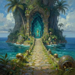 a wild magical tropical fantasy island in the heart of the ocean, with a medieval stone path leading towards an entrance of an evil glowing cave of mystic treasure, artstation, oil painting, painted ruan jia raymond swanland lawrence alma tadema zdzislaw beksinski norman rockwell tom lovell alex malveda greg staples