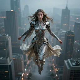 goddess of artificial intelligence floating above a city, sharp focus, by rozalski, by greg rutkowski, cinematic, cinematic shot, megalophobia, award winning, trending on artstation, intricate, detailed