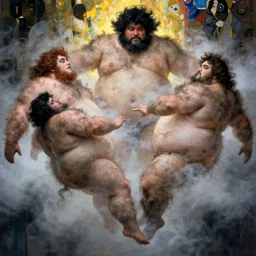 flying fat hairy human bodies intertwined in an uneven fog in the style of nobuyoshi araki and klimt