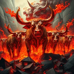 high intricate fiery 3 d painting!!! of hell cows!!!!! surrounded by fire!!!, neil gaiman, ( ( alejandro mirabal ) ), ( ( cory loftis ) ), patryk stefaniak, rebecca hu!!, ben mauro, logan preshaw!!, trending on artstation