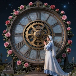 Mechanical gear,Rose twining,Giant clock,Maiden prayer,out of time and space,dreamy, eternity, romantic, epic, artstation, highly detailed, in the style of James jean, Miho Hirano, Rebecca guay, night lighting