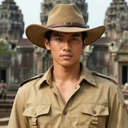 a smart and handsome and beautiful thai male dressed as hunter in armed, close - up portrait, with 6 0 s khaki western hat, khaki safari hunter costume, ancient khmer ruin in background, intricate, elegant, loin cloth, highly detailed, photography, artstation, concept art, matte, sharp focus, illustration, hearthstone, art by earl norem