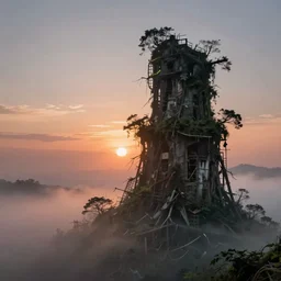 morbid overgrown tower about to collapse, unsteady with fog and sunset abstract art