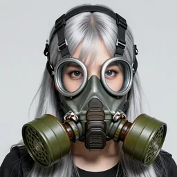 girl silver hair, multicam, gas mask, realistic illustration by Hiroaki Samura, portrait