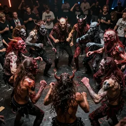 abstract mosh pit, slam dancing creatures, circle pit demons, violent zombie dance, violent protest, war photography, cinematic, high detail, 4 k