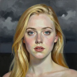 professional painting of Elle Fanning in the style of Milton Avery, head and shoulders portrait, symmetrical facial features, smooth, sharp focus, illustration, intricate, stormy weather, extremely detailed masterpiece,