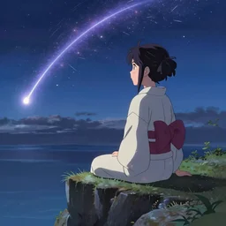 an anime girl wearing a kimono sitting on a cliff looking towards a meteor flying overhead, in the style of makoto shinkai - - h 7 2 0 - - w 1 2 8 0