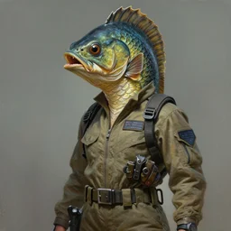 epic professional digital photo of female human - fish hybrid animal wearing air force jumpsuit, humanoid scaly fish head, airbrush painting, by neal adams and joelle julie and frank frazetta, artstation, cgsociety, wlop, epic, much wow, much detail, gorgeous, detailed, cinematic, masterpiece
