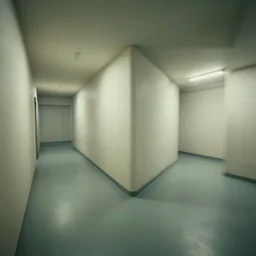corner of vertical underground lab hallways, clean, walls are made of dry wall, shiny floors, branching hallways, cinematic, psychedelic, blurry, unreal engine