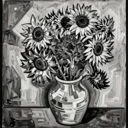 a black and white abstract painting of a vase with sunflowers by pablo picasso