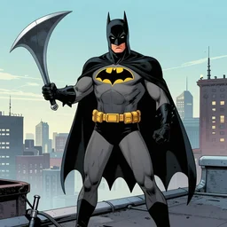 batman, from the tv show, wearing a batsuit, holding a batarang, on a rooftop, by bruce wayne, in a comic book style.
