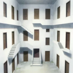 “the inside of a huge white building with with many doors and stairs, confusing, creepy, doors, strange dimensions, anime style, detailed background, by Junji Ito”