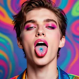 a colorful vibrant closeup portrait of a haute couture model licking a tab of lsd acid on his tongue and dreaming psychedelic hallucinations, by kawase hasui, moebius, edward hopper and james gilleard, zdzislaw beksinski, steven outram colorful flat surreal design, hd, 8 k, artstation