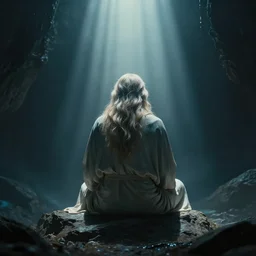 god sitting in the abyss, few god rays, from back, award winning, 4 0 0 mm