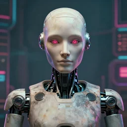 friendly humanoid cyber robot, award winning, portrait bust, symmetry, faded colors, cypherpunk background, masterpiece, trending on artstation, cinematic composition, beautiful lighting, hyper detailed!!!, by alan blackwell, 8 k, unreal engine 5