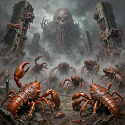 fine art airbrushed varied muck jeweled, filthy rugated armored crustaceans, orange chromed, waving, clawing & terrified as massive brutalist structures, claustrophobic cilia sporing pox, evil fog, final battle removal, battle panorama 3 6 0 clustered horror, by virgil finlay, vincente b ballestar, by francesco blanc, ge