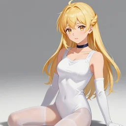 Worksafe. Pixiv Illustration,close-up elegant blonde princess posing in empty photo studio,wearing white leotard,white elbow gloves,choker,pantyhose tights.Accurately shaped face.Anime style at Pixiv,Danbooru and ArtStation,by krenz cushart,makoto shinkai,tony taka,ilya kuvshinov,shirow masamune,extremely detailed,8K HD,clean image,high quality
