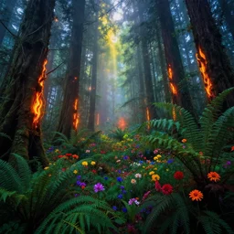 photograph of a dense mystic forest, colored flowers, mystic hues, breathtaking lights shining, psychedelic fern, tyndall effect, firefiles, dense forest, foggy, 4k, Acid Pixie, by thomas kinkade and lee madgwick