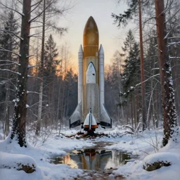 hyper realistic painting of abandoned space rocket in the winter forest, puddles of water, a lot of snow, brom, sunrise, mucha, moebius, craig mullins, juan gimenez artstation cgsociety