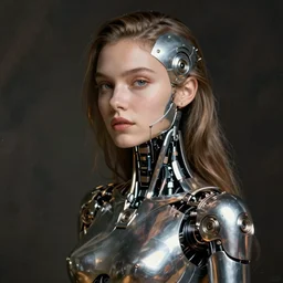 beautiful young cybernetic woman, body metal skin complicated robotics, half human, half robotic, cyborg, art by mario sorrenti