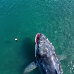 birds eye view of a man fishing in clear waters, thalassophobia, a titanous aquatic beasts peers upwards at a quaint fisherman, fishing directly into the maw of an unknown leviathan, aerial