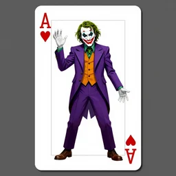 poker card design of dc comic villain the joker creepy smile, full body pose, purple suit, green bowtie, surrounded by scattered joker poker cards, chaos by michael hussar, kim jung gi, greg rutkowski, james jean, tomer hanuka