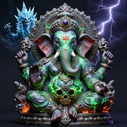 3 d ornate carved ganesha with profile portrait, sigma 5 0 0 mm f / 5. beautiful intricate highly detailed quetzalcoatl skull. neon green glow bioluminescent, plasma, lava, ice, creature, thunderstorm! artwork by tooth wu and wlop and beeple and greg rutkowski, 8 k trending on artstation