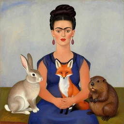 a rabbit, a fox, and a beaver, by frida kahlo, chinese painting, tonal colors, insanely detailed and intricate, hypermaximalist, elegant, ornate, hyper realistic, super detailed, cuddling together in a colorful meadow