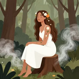 woman sitting on the stump in the forest. trees,  Long wavy hair. Flowers in her hair. Flowers on the body, white thick smoke, white dress Renowned character illustration by,  Dan Mumford, Trending on artstation