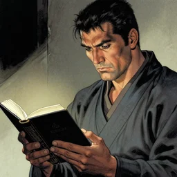 a samurai reading a book, comicbook art masterpiece by denys cowan, realistic faces and anatomy