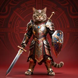Anthropomorphized cat in full armor carrying Sword and Shield, full body, menacing pose, concept art, insanely detailed and intricate, hypermaximalist, elegant, ornate, hyper realistic, super detailed, tribal red atmosphere, Art Deco, cinematic, trending on artstation, magic the gathering artwork, centered