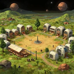 in a open plaza area with a restaurant at the side, in the middle of a small colony, with buildings made from modular capsules, on an alien grassland, on an alien planet, from a space themed point and click 2 d graphic adventure game, set design inspired by hg giger and ridley scott and tomb raider, art inspired by thomas kinkade
