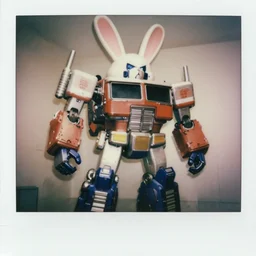 giant oversized battle rabbit robot chubby mech transformers retro boombox delorean mixed with mecha robot double decker with giant oversized ears and rabbit babies, in tokio, full body, cinematic focus, polaroid photo, vintage, neutral dull colors, soft lights, foggy mist, by oleg oprisco, by thomas peschak, by discovery channel, by victor enrich, by gregory crewdson