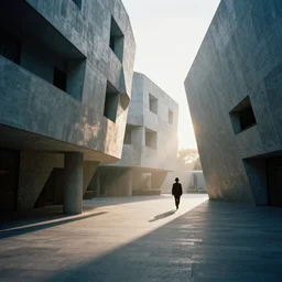 Hyper realistic photo of a interior brutalist museum, parametric architecture, alone man with suit and hat walking in the distance, sun rays at sunset, hard shadows, fog, Hyper realistic film photography, Zeiss 24mm f2.8, Hasselblad, insanely detailed, sharp focus
