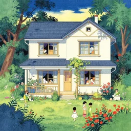 a beautiful house in a garden, brian froud, yoshitaka amano, kim keever, victo ngai, james jean. colorful. shin - hanga