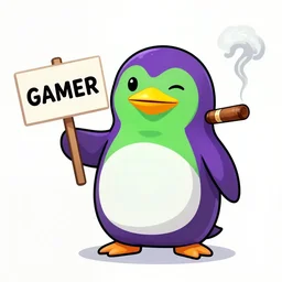a purple and green penguin holding a sign that says gamer and smoking a cigar. rendered