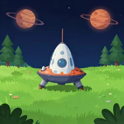 in front of a small spaceship, landed on a grass field, on a remote planet, from a space themed point and click 2 d graphic adventure game, art inspired by thomas kinkade and mark keathley and greg rutkowski
