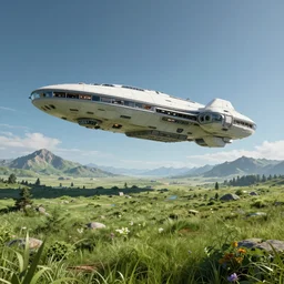 huge spaceship landing on a lush grass planet with beautiful mountains far away, a highly detailed soft HDR landscape trending on artstation