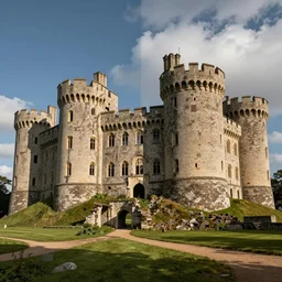 a view that is split in two. the right half is from when the castle was new. the left half is from when the castle has advanced in time and become a ruin.