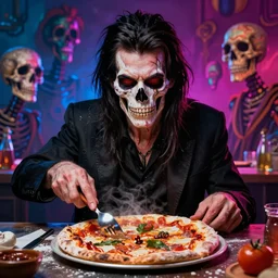 weird and disturbing portrait of nick cave baking pizza, vivid colors, death, neon, art by ( ( ( kuvshinov ilya ) ) ) and wayne barlowe and francis bacon and artgerm and wlop and william - adolphe bouguereau