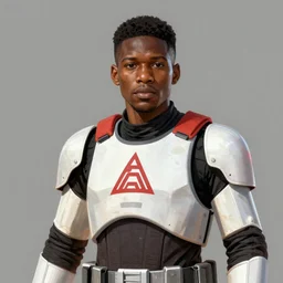 portrait of a man by greg rutkowski, black, he is about 2 0 years old, wearing the white and red tactical gear of the galactic triunvirate, star wars expanded universe, highly detailed portrait, digital painting, artstation, concept art, smooth, sharp foccus ilustration, artstation hq
