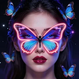 a portrait of a beautiful woman with a neon butterfly covering her face head, fixed eyes, butterflies, cult secret society, cosmic magic, art by james paick, and shaddy safadi, ominous, cosmic horror, trending on artstation, ultra detailed, hyper realistic 4 k, octane, cinema 4 d, c 4 d beeple render, style of the adventures of tin tin