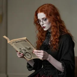 a late 1 8 th century vampire woman, skinny, pale skin, with red hair and glasses reading a magazine about bicycles